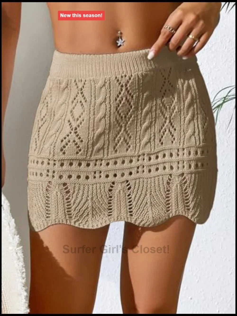 Women's Hollow Out Knit Scalloped Elastic Waist Swim Cover Up Mini Skirt
